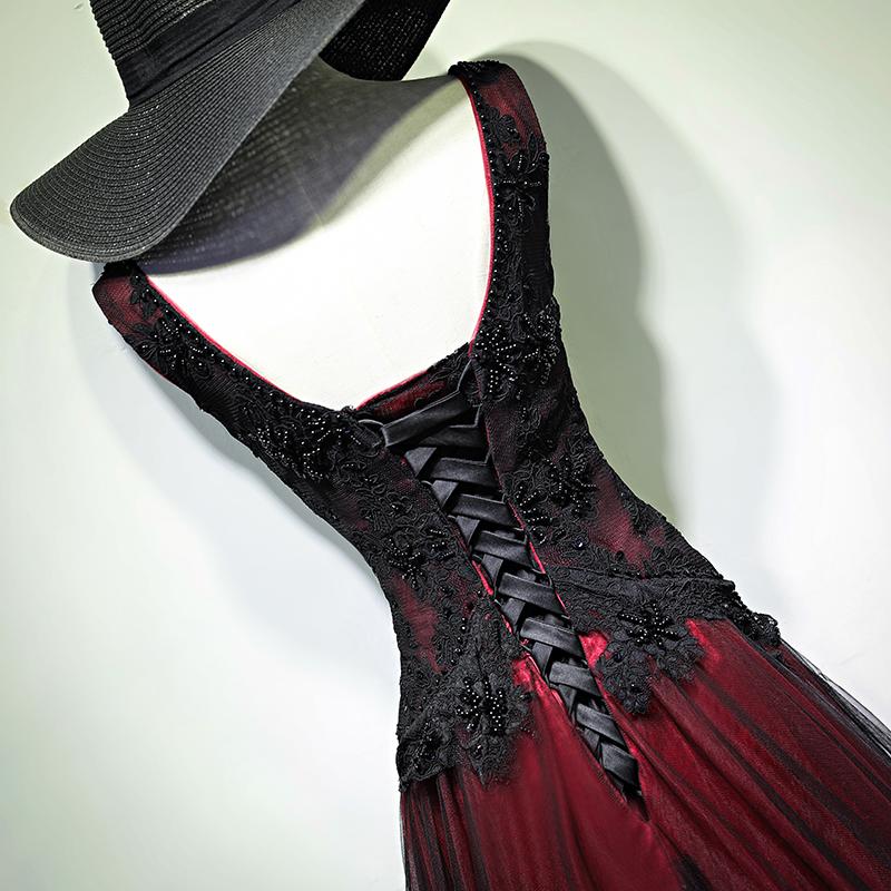 Gorgeous Black And Red V-Neckline Tulle Beaded Prom Dress, Long Evening Gown
