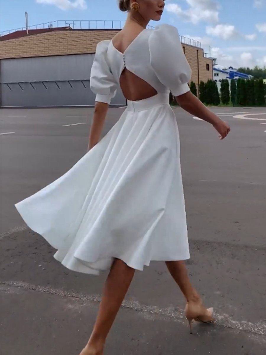 White Dress with Hollow Back Short Prom Dress, Somple Party Dress - View 4 | FashionDia