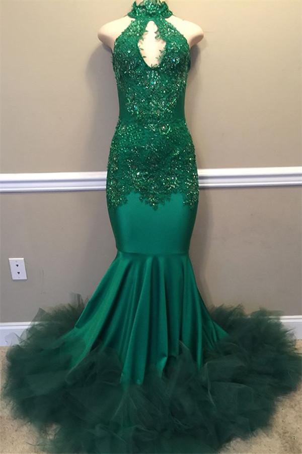 Chic Beads Appliques Halter Prom Dresses Fit And Flare Sleeveless Tulle Evening Gowns - FashionDia