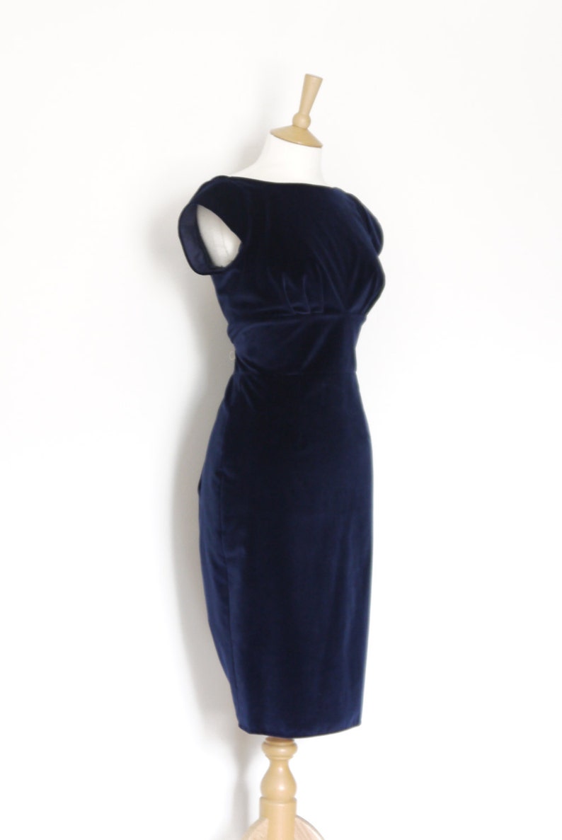 Midnight Blue Velvet Classic Pencil Dress Simple Party Dress - View 3 | FashionDia