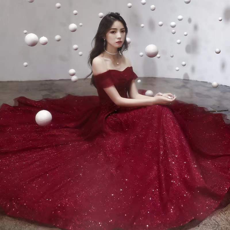 Burgundy tulle sequins long Prom & Evening Dress - View 3 | FashionDia
