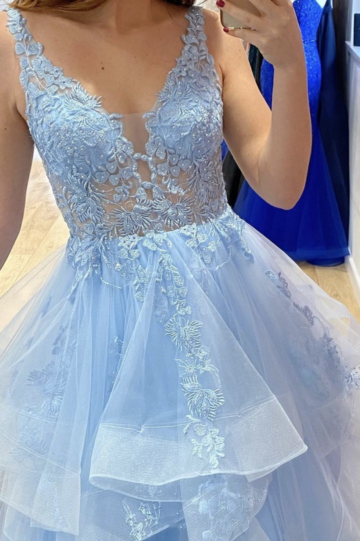Princess A-Line V-Neck Blue Tulle Long Prom Dresses with Appliques - View 3 | FashionDia