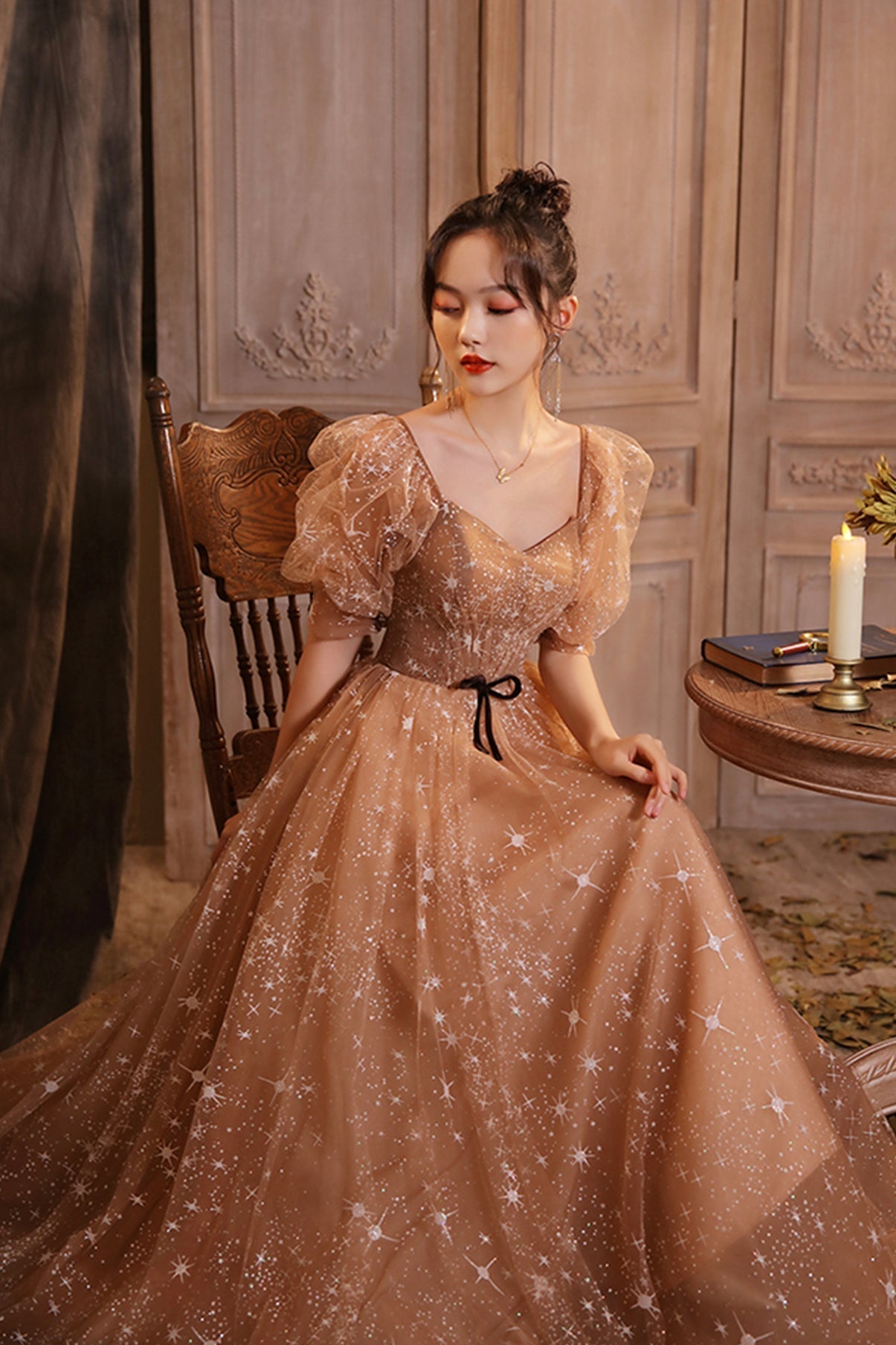 Elegant Champagne Evening Dresses Female Lanturn Sleeves Bow Lace Up Long French Style Ball Gowns - View 3 | FashionDia