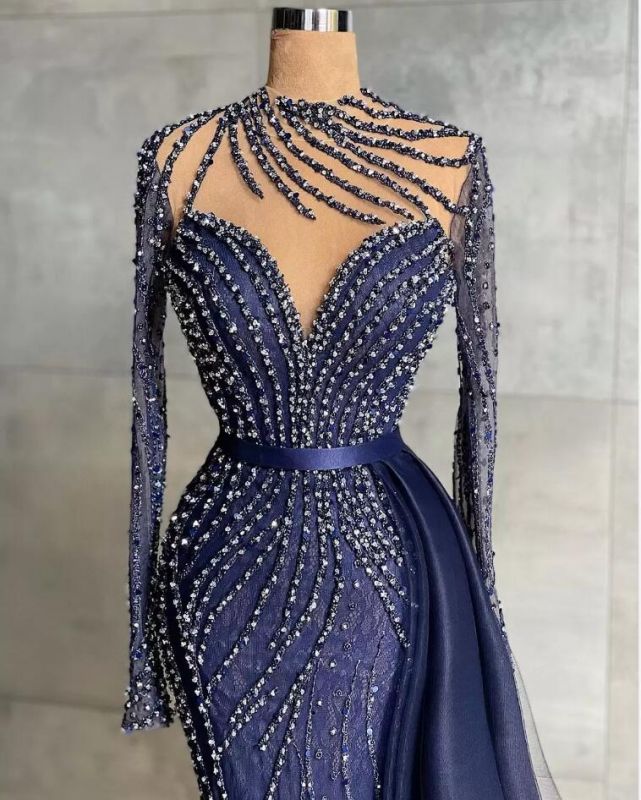 Stylish High Neck Navy Mermaid Evening Dress with Detachable Tulle Train Crystals Beads Long Prom Dress - View 3 | FashionDia