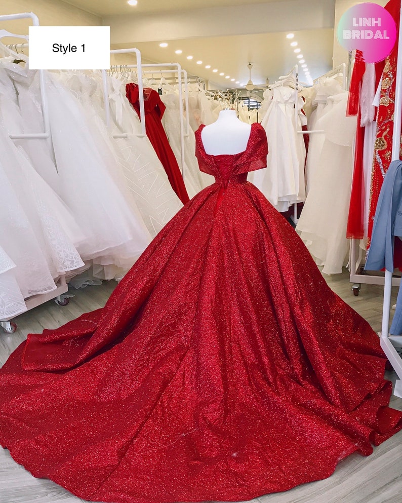 illusion Red Sparkle Ball Gown Wedding Dress With Short Sleeves Chic Prom Dress - View 3 | FashionDia