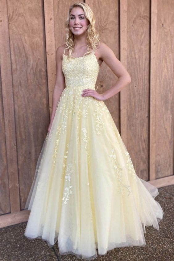 A-Line Floor-Length Lace Yellow Tulle Long Prom Dress, Yellow Lace Formal Dress, Yellow Evening Dress - View 5 | FashionDia