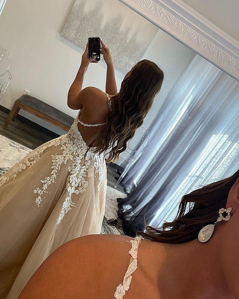 V-Neck Champagne Lace Prom Dresses, Long Champagne Lace Formal Evening Dresses - View 3 | FashionDia