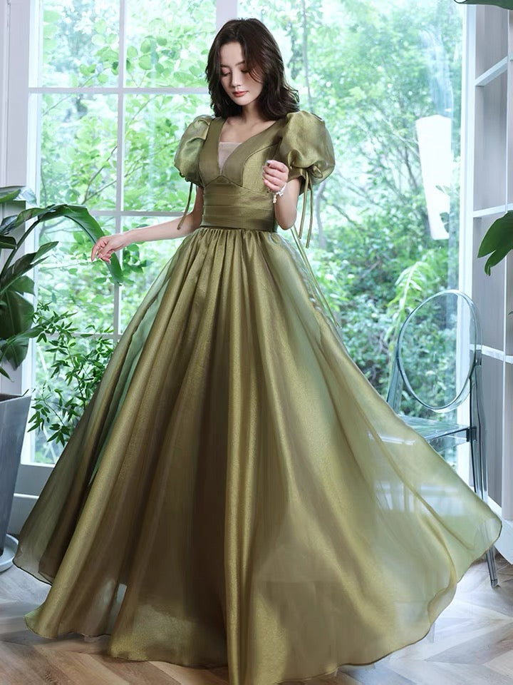 Socialite evening dress, escaped princess high sense party dress, bubble sleeve green prom dress - View 3 | FashionDia