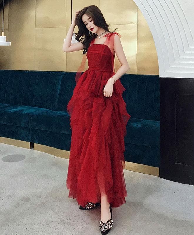 Burgundy Sweetheart Tulle Long Prom Dress, Burgundy Evening Dress - View 3 | FashionDia