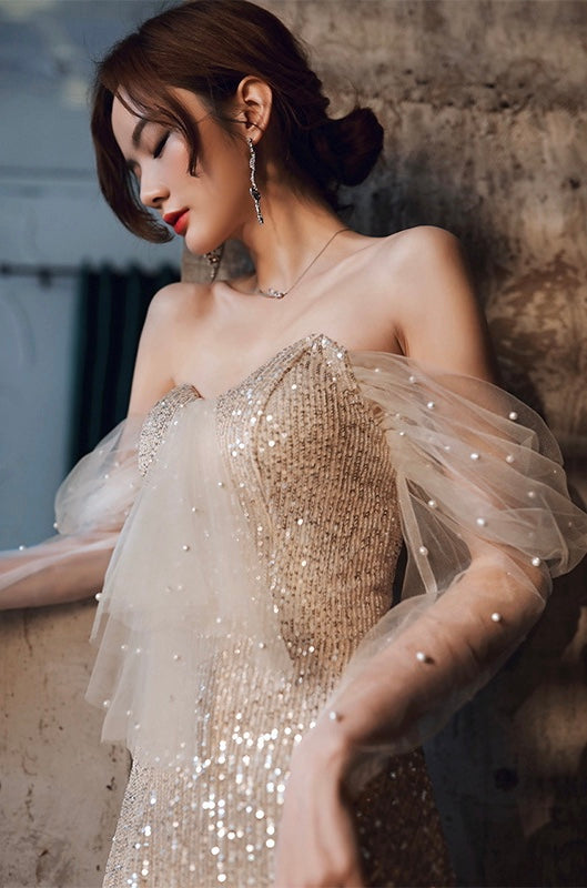 Champagne evening dress, off-the-shoulder party dress, shiny sexy dress - View 3 | FashionDia