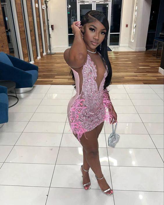 Luxurious Heavy Beaded Pink Homecoming Dress 22nd Birthday Outfit Dress (ZD12432)
