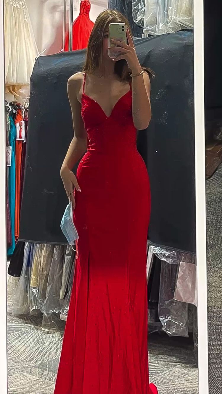 Red Spaghetti Straps Sheath Prom Dress,Red Evening Dress,Graduation Dress Y1835 - View 2 | VelvetHem