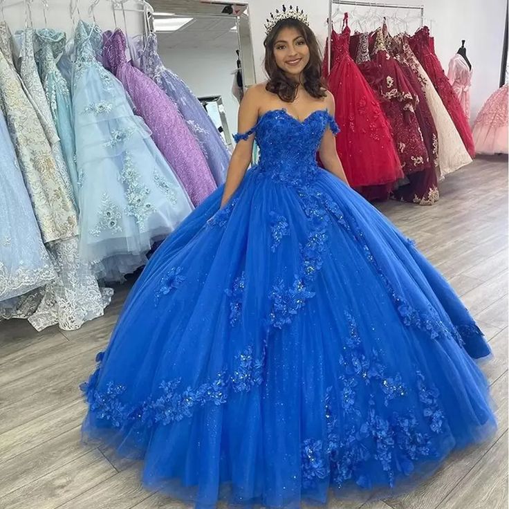Royal Blue Off-Shoulder Ball Gown Quinceanera Dresses Fashion 3D Flower Tulle Sweet 16 Princess Dress Y524 - View 2 | VelvetHem