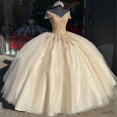 Off The Shoulder Quinceanera Dresses Champagne Lace Appliqued Beaded Ball Gown Y586 - VelvetHem