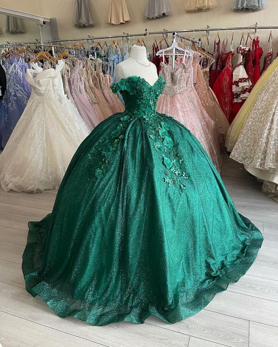 Off The Shoulder Green Ball Gown With Flowers Sweet 16 Dress Y525 - VelvetHem