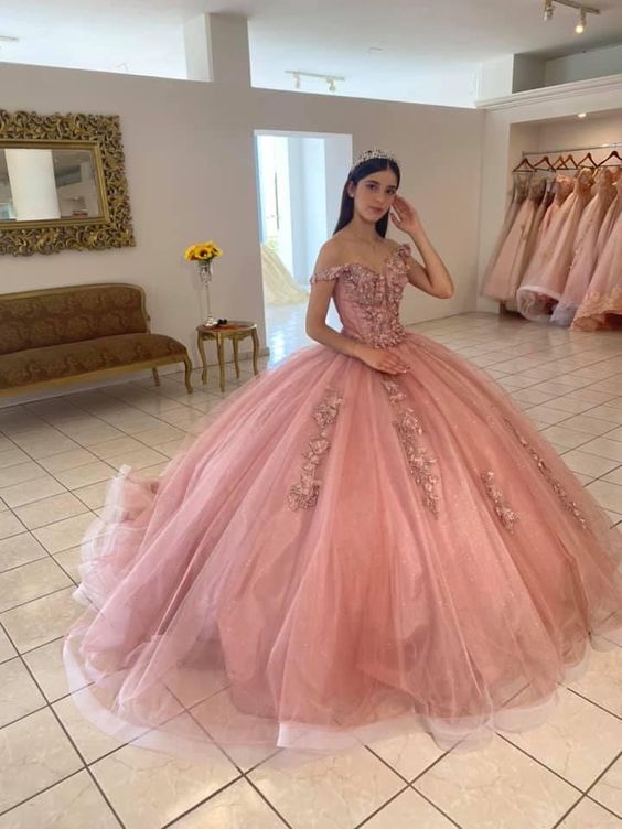 Off The Shoulder Pink Tulle Ball Gown Sweet 16 Dress Princess Dress Y582 - View 2 | VelvetHem