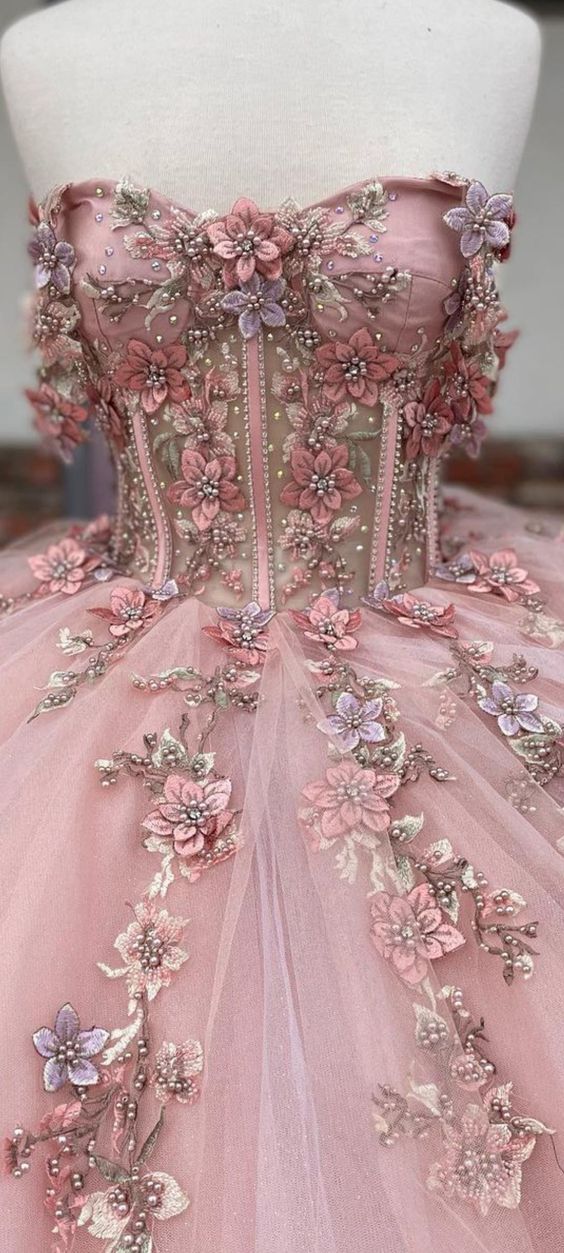 Pink Tulle Floral Appliques Ball Gown Sweet 16 Dress Y527 - View 6 | VelvetHem