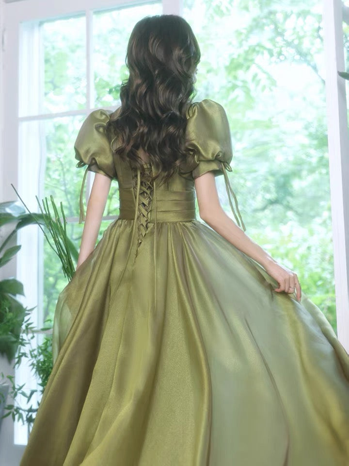 Socialite evening dress, escaped princess high sense party dress, bubble sleeve green prom dress - View 2 | FashionDia