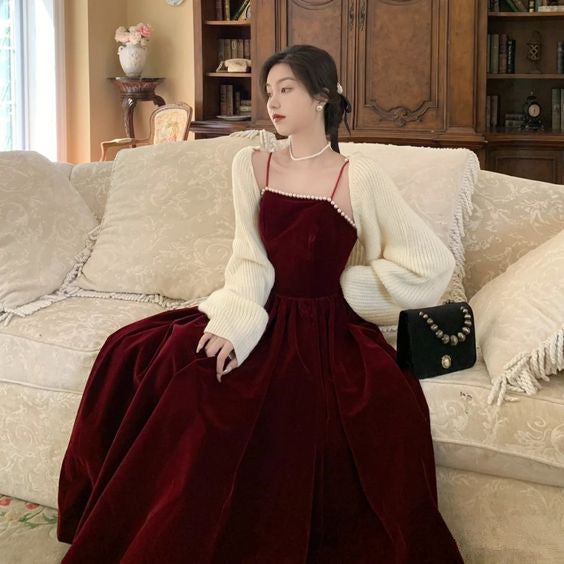 Spaghetti Straps Burgundy Velvet Prom Dress Simple Prom Dress Party Dress - View 2 | FashionDia