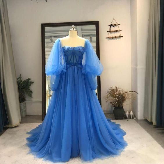 Blue Tulle Fashionable Sweetheart Long Party prom Dress - View 2 | FashionDia
