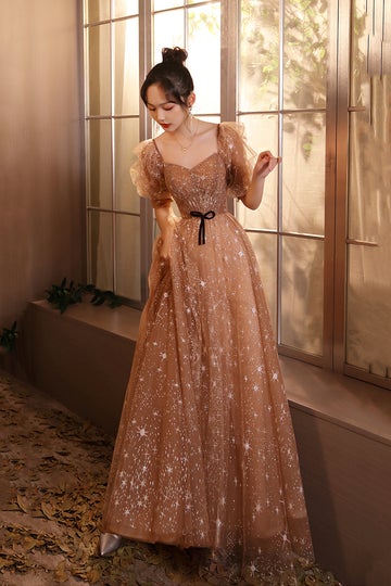 Elegant Champagne Evening Dresses Female Lanturn Sleeves Bow Lace Up Long French Style Ball Gowns - View 2 | FashionDia