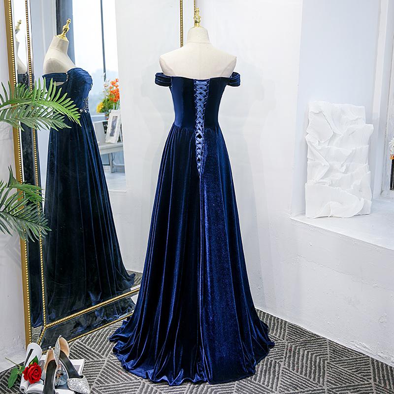 Blue Velvet Beaded Elegant Off-the-Shoulder Evening Dress, Blue Long Prom Dress Party Dress - View 2 | FashionDia