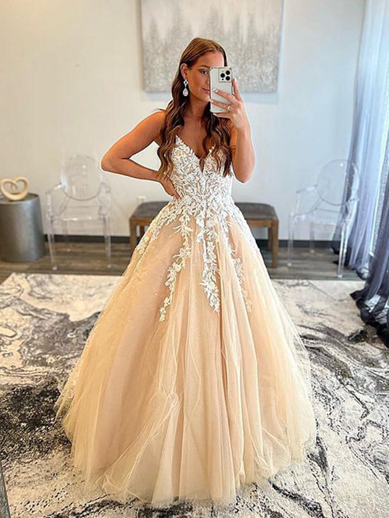 V-Neck Champagne Lace Prom Dresses, Long Champagne Lace Formal Evening Dresses - View 2 | FashionDia