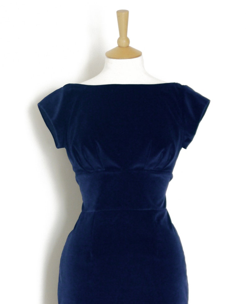 Midnight Blue Velvet Classic Pencil Dress Simple Party Dress - View 2 | FashionDia