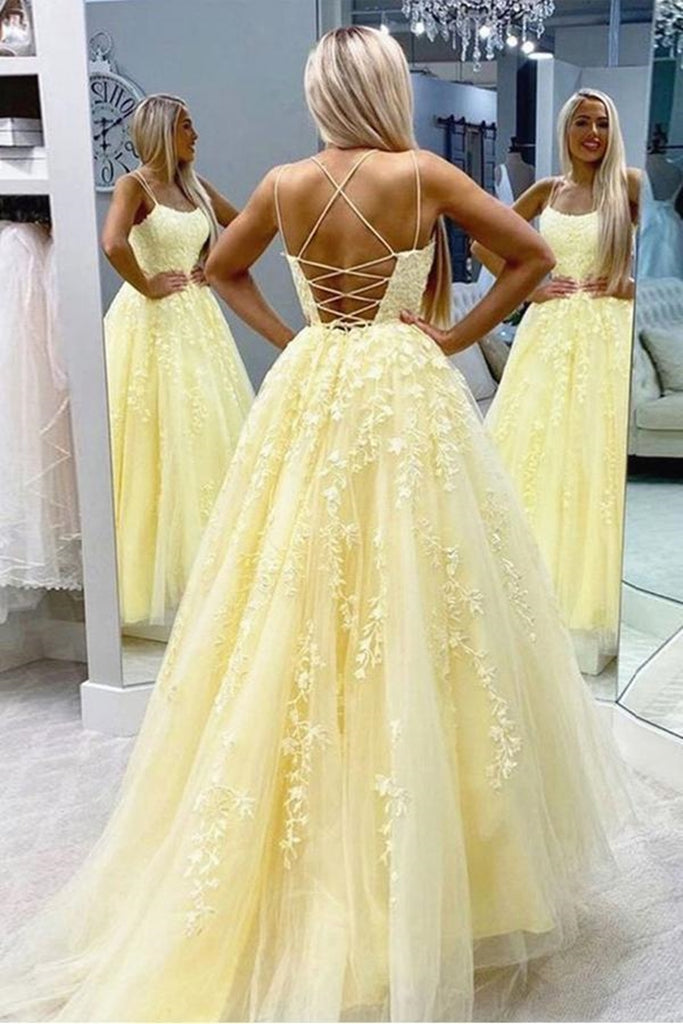 A-Line Floor-Length Lace Yellow Tulle Long Prom Dress, Yellow Lace Formal Dress, Yellow Evening Dress - View 3 | FashionDia