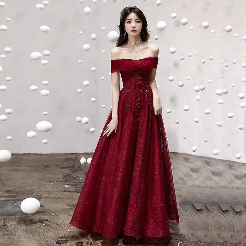 Burgundy tulle sequins long Prom & Evening Dress - View 2 | FashionDia