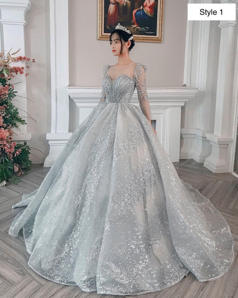 Modern sparkly grey/silver long or cap sleeves ball gown wedding/prom dress with glitter tulle - View 2 | FashionDia