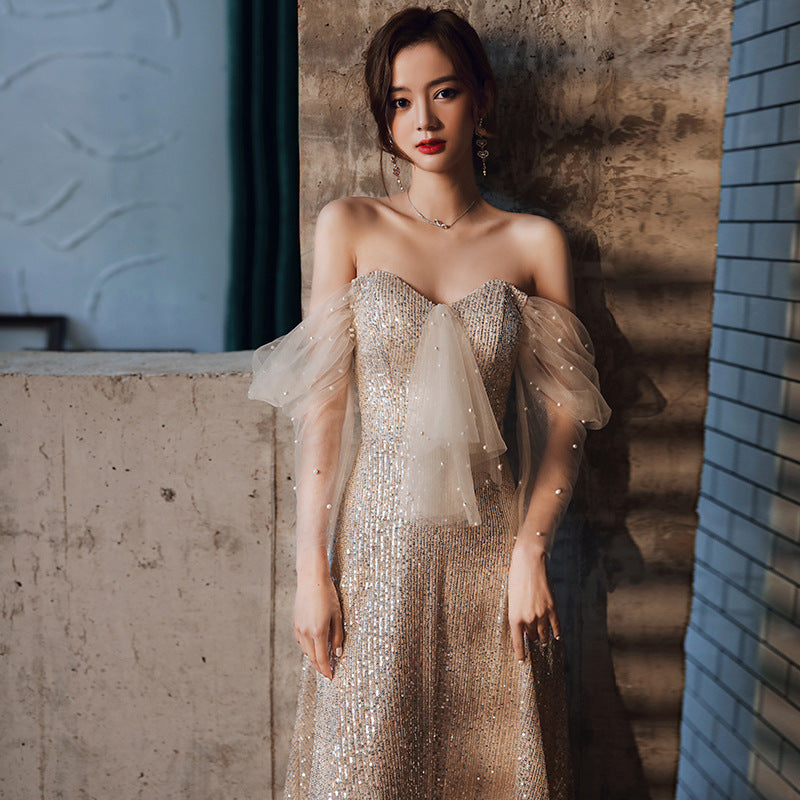 Champagne evening dress, off-the-shoulder party dress, shiny sexy dress - View 2 | FashionDia