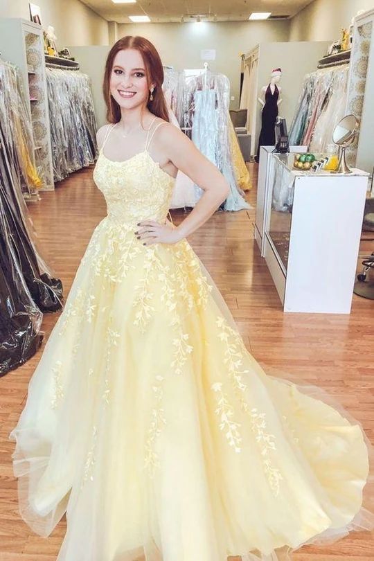 A-Line Floor-Length Lace Yellow Tulle Long Prom Dress, Yellow Lace Formal Dress, Yellow Evening Dress - View 4 | FashionDia