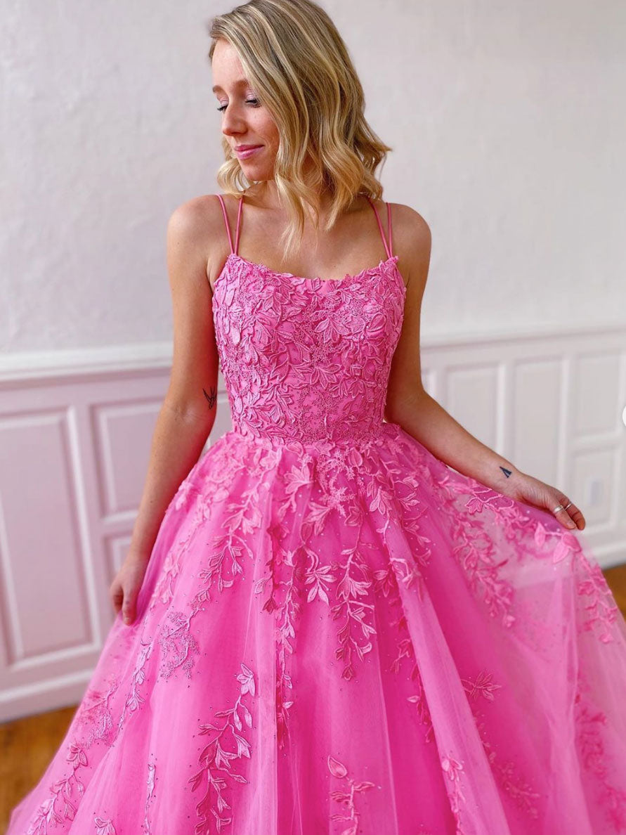 Hot Pink Tulle Lace Long Prom Dress Hot pink Tulle Lace Formal Dress - View 2 | FashionDia