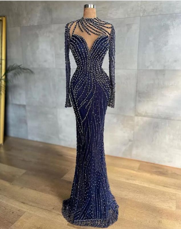 Stylish High Neck Navy Mermaid Evening Dress with Detachable Tulle Train Crystals Beads Long Prom Dress - View 2 | FashionDia