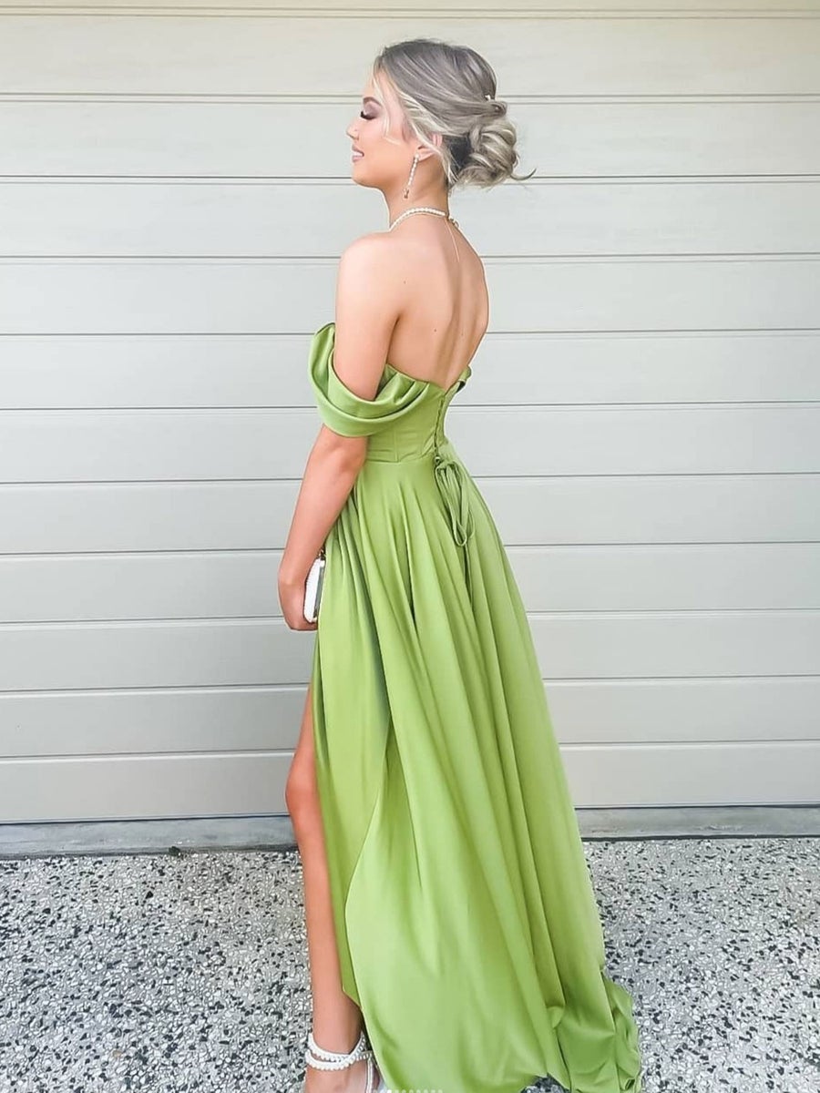 Simple green Off-the-Shoulder satin long prom dress, green evening dress - View 2 | FashionDia