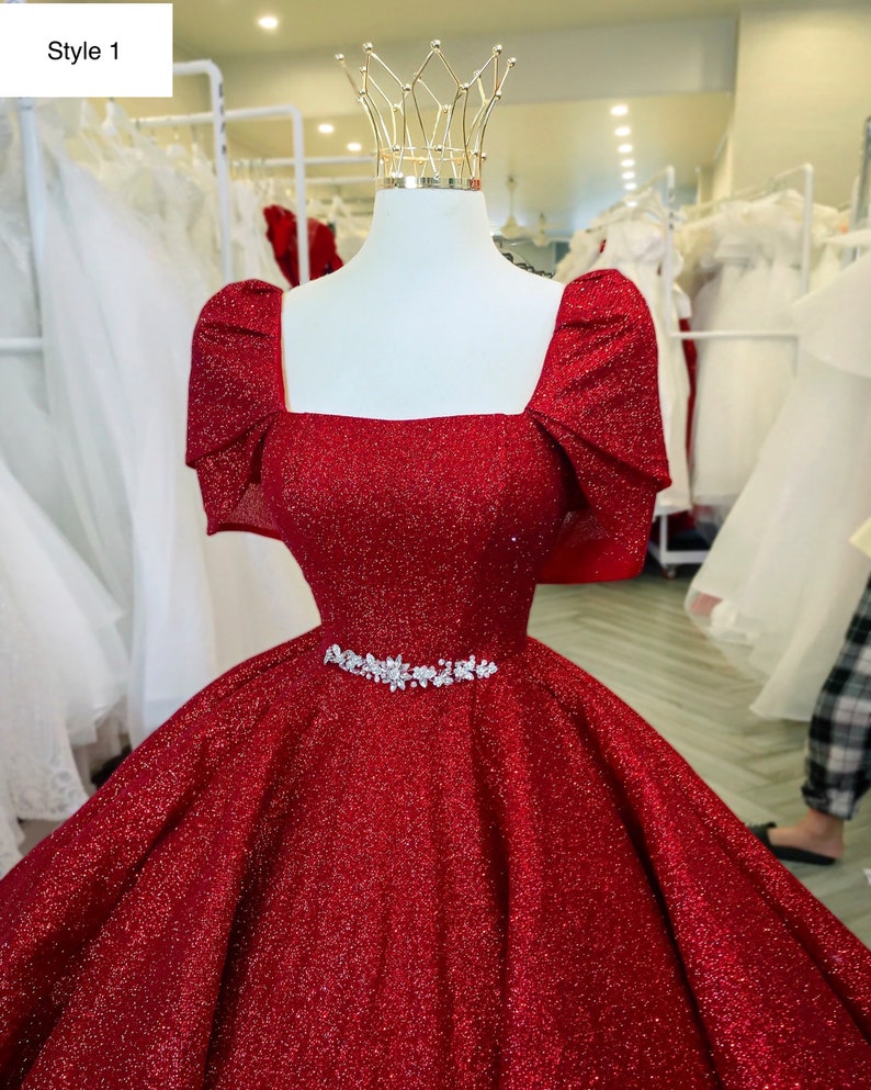 illusion Red Sparkle Ball Gown Wedding Dress With Short Sleeves Chic Prom Dress - View 2 | FashionDia