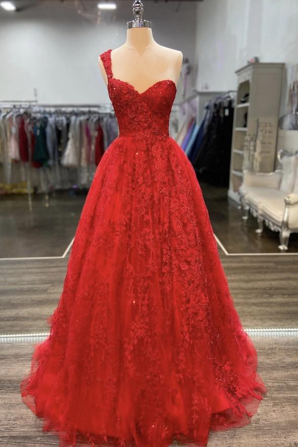 Red tulle lace long prom dress red evening dress - View 2 | FashionDia