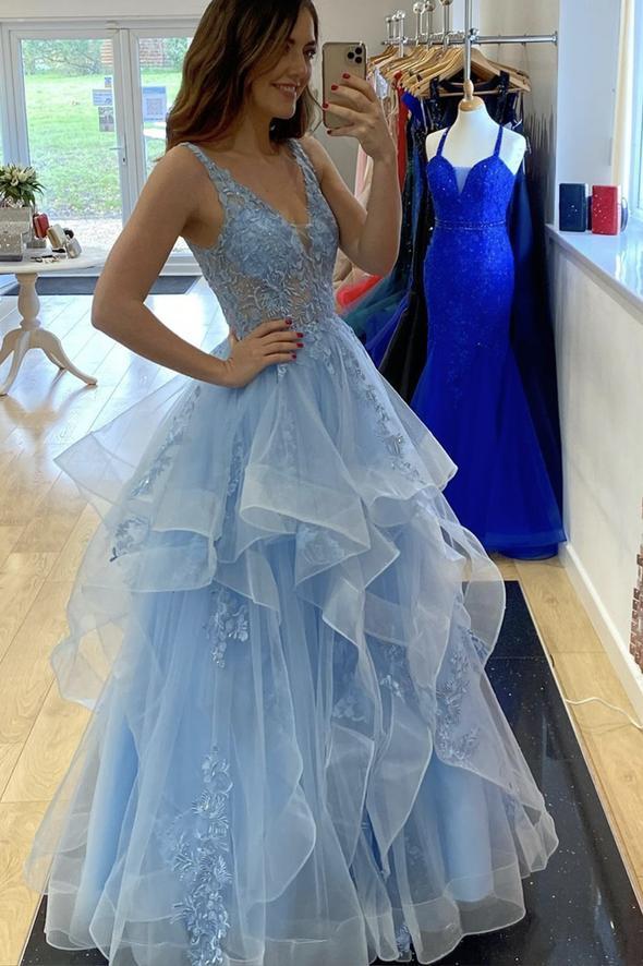 Princess A-Line V-Neck Blue Tulle Long Prom Dresses with Appliques - View 2 | FashionDia