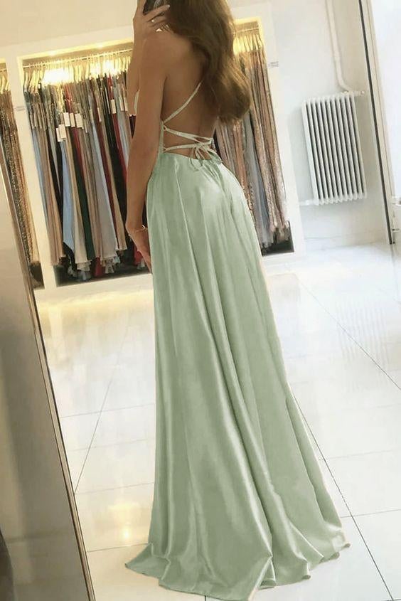 A-Line Spaghetti Straps Front Split Long Prom Dress - View 2 | FashionDia