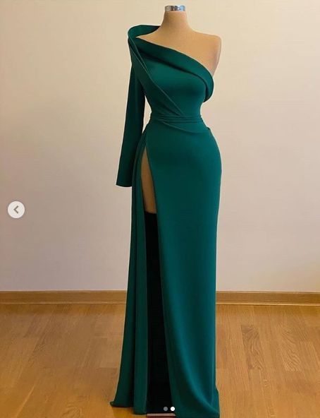 One Shoulder Long Sleeves Evening Gowns With Slit Formal Occasion Pageant Dress S25031 - VelvetHem
