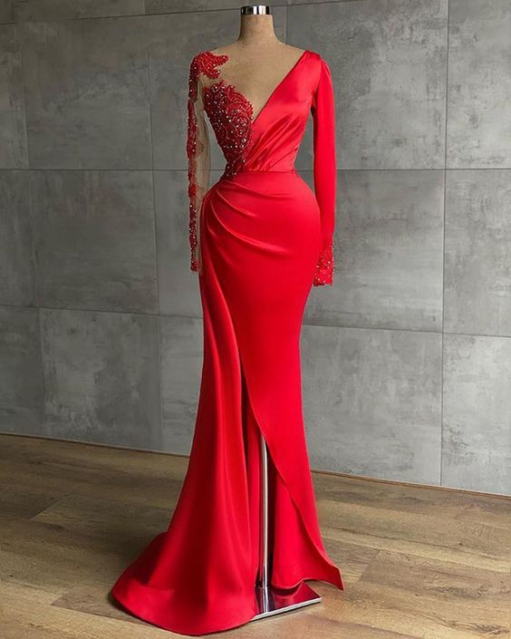 Long Red Satin Evening Dresses Sheer Neckline Long Sleeve Beaded African High Slit Women Formal Prom Dress S24678 - VelvetHem