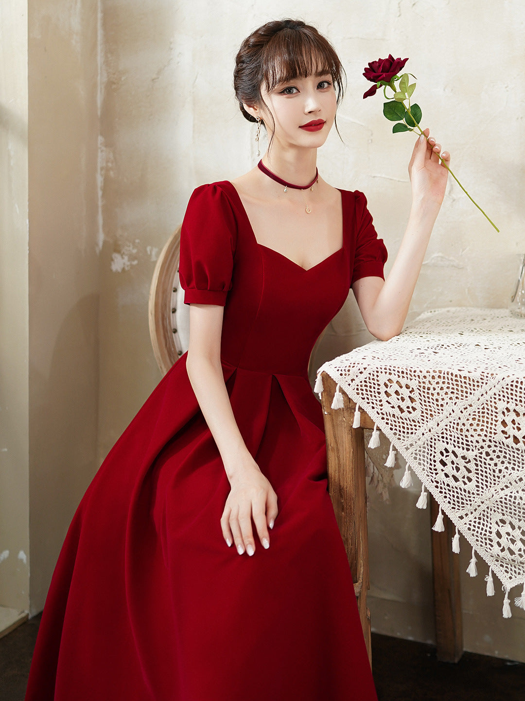 Burgundy party dress, short sleeve midi dress custom made prom dress - FashionDia