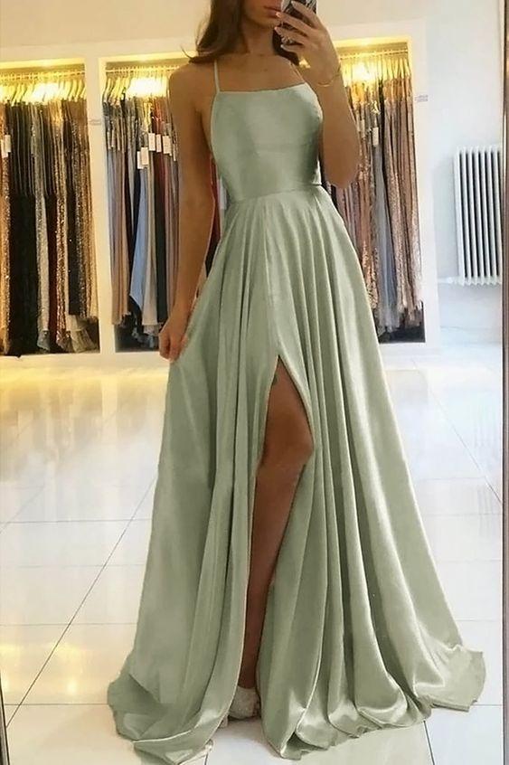 A-Line Spaghetti Straps Front Split Long Prom Dress - FashionDia