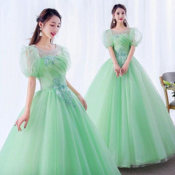 Short Sleeve Illusion Ball Gown, Quinceanera Dress - green - VelvetHem