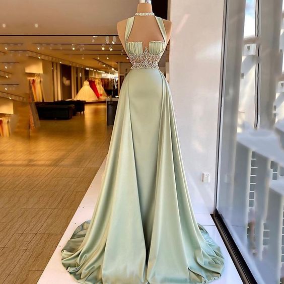 Arabic Green Mermaid Evening Dress Elegant Sleeveless Halter Neck Soft Satin Beading Prom Dresses Long Party Gown - FashionDia