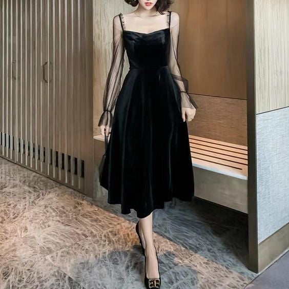 Black formal dress vintage velvet evening dress long sleeve party dress slimming prom dress simple party dress - FashionDia