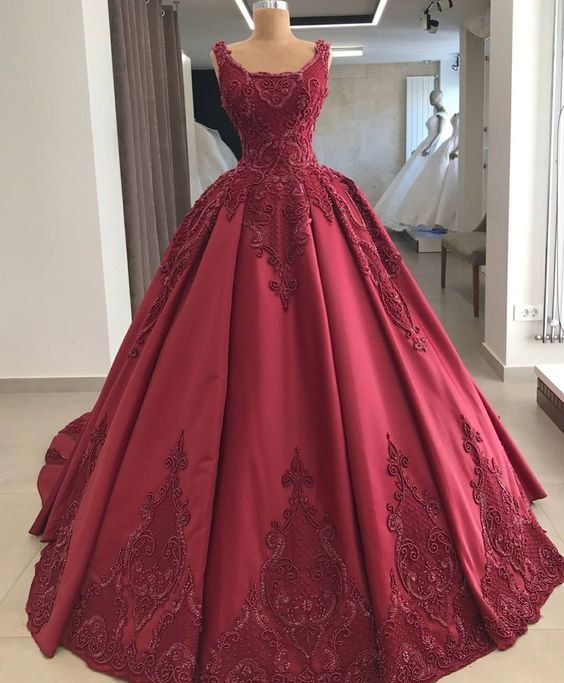 Elegant burgundy wedding dress lace long sleeves ball gown for women prom dress, evening dress