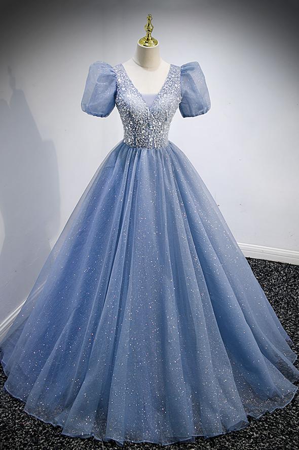 Blue V-Neck tulle beads long Prom & Evening Dress - FashionDia