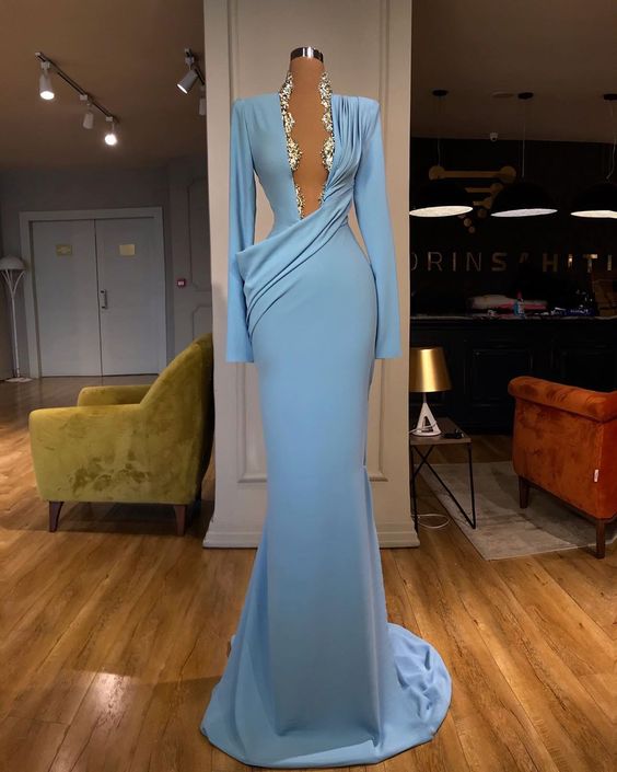 blue evening dress, deep V-Neck evening dress, lace applique evening dress - FashionDia